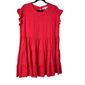Adyson Parker Linen Blend Short Ruffle Sleeve Tiered Pink Dress Size Medium